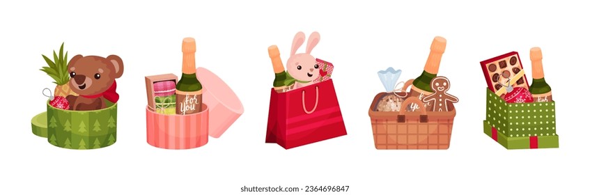 Present Baskets and Carton Boxes Full of Gifts Vector Set