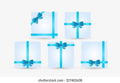 present with blue ribbon and bow on gray background