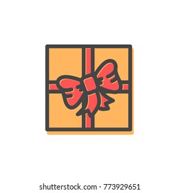 Present with bow made of red ribbon, Christmas tradition of giving gifts to each other, box with wrapping of orange color vector illustration