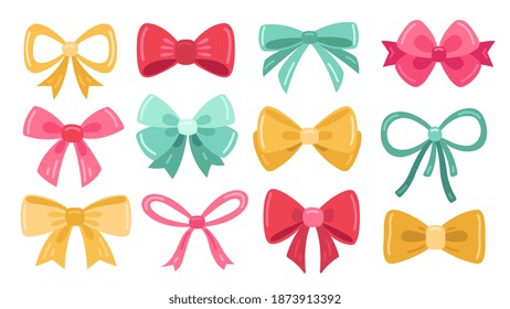Present bow set. Wedding kit, gold color retro bows. Gift decoration element, isolated cartoon green yellow ribbons exact vector collection
