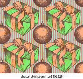 Present box and ball, Christmas seamless pattern 