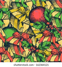 Present box, ball and mistletoe, Christmas seamless pattern 