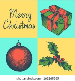 Present box, ball and mistletoe, Christmas set  
