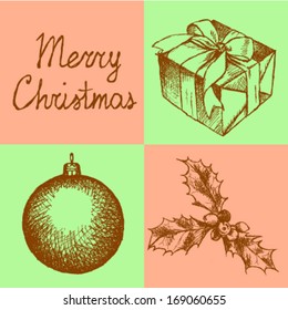 Present box, ball and mistletoe, Christmas set  