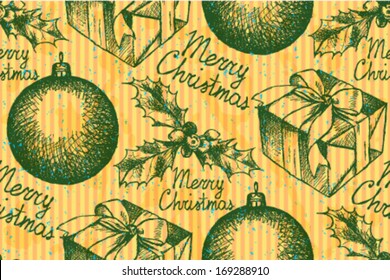 Present box, ball and mistletoe, Christmas seamless pattern 