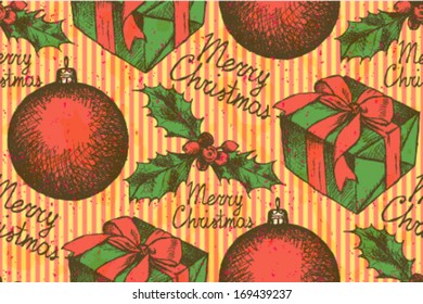 Present box, ball and mistletoe, Christmas seamless pattern 