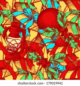 Present box, ball and mistletoe, Christmas seamless pattern 