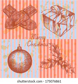 Present box, ball, mittens and mistletoe, Christmas set 