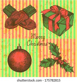 Present box, ball, mittens and mistletoe, Christmas set 