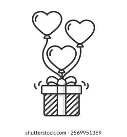 Present box with balloons in the form of a heart isolated vector illustration on white background.