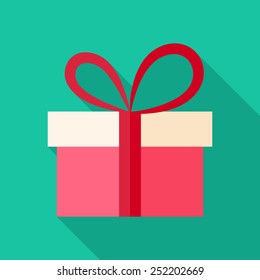 Present box with big bow. Flat stylized object with long shadow