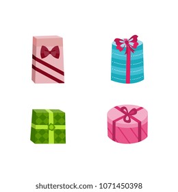 Present box with blue green pink wrapping ribbon bow set. Birthday party, anniversary celebration, new year christmas, valentine day xmas holiday invatation greeting card design vector illustration