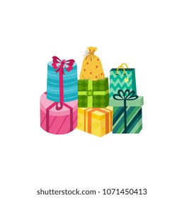 Present box with blue green pink wrapping ribbon bow set. Birthday party, anniversary celebration, new year christmas, valentine day xmas holiday invatation greeting card design vector illustration