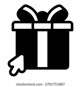 Apresentar caixa com arco e mouse ponteiro ícone sólido, cyber segunda-feira conceito. Gráficos vetoriais. Caixa com cursor, sinal de presente no fundo branco, ícone de estilo de glifo para design móvel ou web