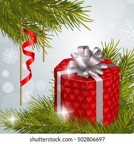 Present Box with Bow on Fir Sprigs