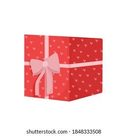 Present box with bow in red colour decorated with hearts isolated on white background. Valentine celebration, clipart, single design element.