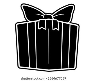 Present box with bow and ribbon. Silhouette vector design, isolated on a white background. Holiday, present, birthday, party.