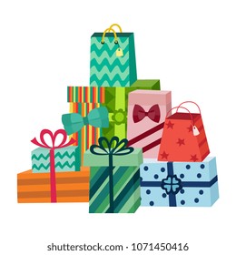 Present box with bright wrapping ribbon bow pile, heap. Birthday party, anniversary celebration, new year christmas, valentine day xmas holiday invatation greeting card design vector illustration