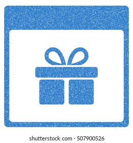 Present Box Calendar Page grainy textured icon for overlay watermark stamps. Flat symbol with scratched texture. Dotted vector cobalt ink rubber seal stamp with grunge design on a white background.