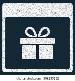Present Box Calendar Page grainy textured icon for overlay watermark stamps. Flat symbol with dirty texture. Dotted vector white ink rubber seal stamp with grunge design on a dark blue background.
