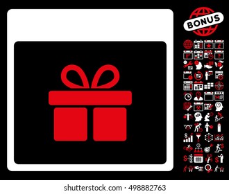 Present Box Calendar Page icon with bonus calendar and time management images. Vector illustration style is flat iconic symbols, red and white, black background.