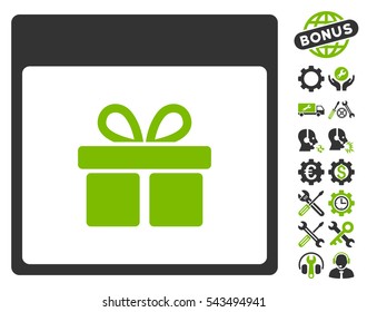 Present Box Calendar Page icon with bonus service clip art. Vector illustration style is flat iconic symbols, eco green and gray, white background.