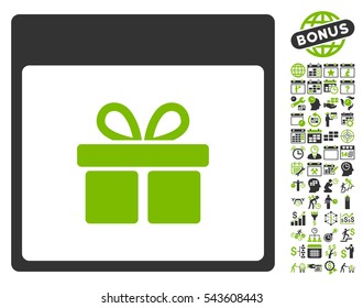 Present Box Calendar Page icon with bonus calendar and time management graphic icons. Vector illustration style is flat iconic symbols, eco green and gray, white background.