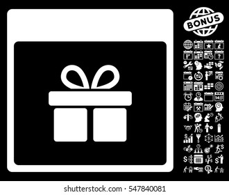 Present Box Calendar Page icon with bonus calendar and time management pictures. Vector illustration style is flat iconic symbols, white, black background.
