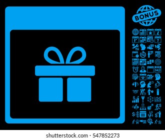 Present Box Calendar Page icon with bonus calendar and time management icon set. Vector illustration style is flat iconic symbols, blue, black background.