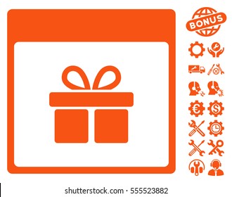 Present Box Calendar Page icon with bonus configuration icon set. Vector illustration style is flat iconic symbols, orange, white background.