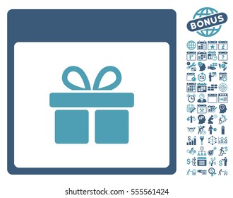 Present Box Calendar Page icon with bonus calendar and time management symbols. Vector illustration style is flat iconic symbols, cyan and blue, white background.