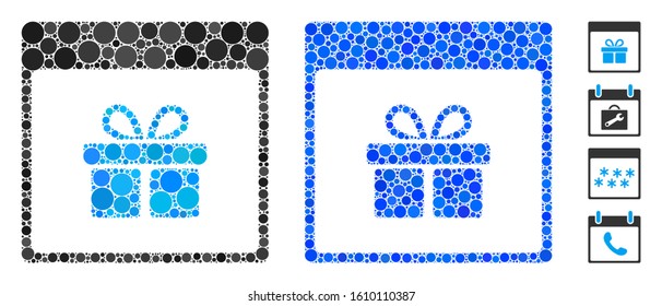 Present box calendar page mosaic of circle elements in various sizes and color tints, based on present box calendar page icon. Vector circle elements are composed into blue mosaic.