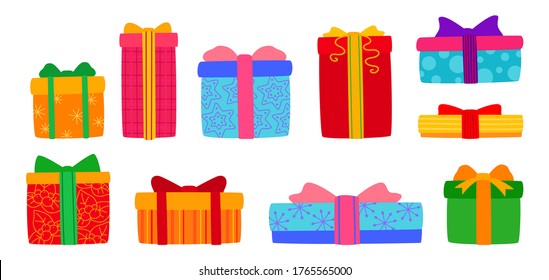 Present box christmas flat set. Cartoon boxes different shapes with ribbon bows. Holiday cute traditional colorful and ornate gifts. New Year design collection, colorful patterns. Vector illustration