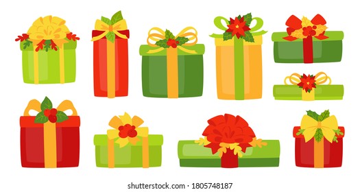 Present box christmas flat set. Cartoon boxes different shapes with poinsettia, holly, ribbon bows. Holiday traditional colorful gifts. New Year design collection. Vector illustration