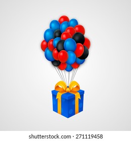 Present box and colorful balloons. Vector illustration