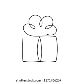 Present box continuous editable line vector illustration - wrapped surprise package with ribbon and bow isolated on white background. Trendy abstract gift for logo or congratulation.