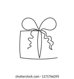 Present box continuous editable line vector illustration - wrapped surprise package with ribbon and bow isolated on white background. Trendy abstract gift for logo or congratulation.