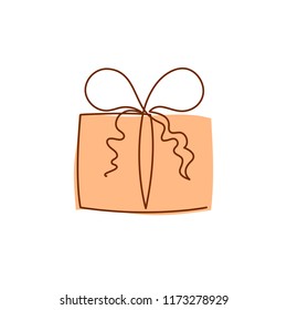 Present box continuous editable line vector illustration with orange wrap. Surprise package with ribbon and bow isolated on white background - trendy abstract gift for logo or congratulation.