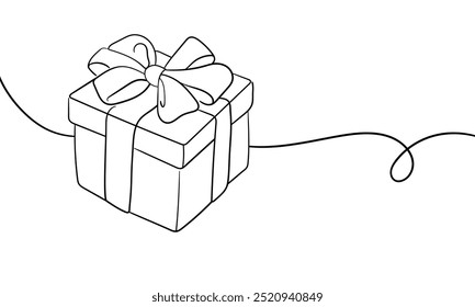 Presente caixa de desenho de arte de linha contínua isolado no fundo branco. Apresentar descrição. Ilustração vetorial