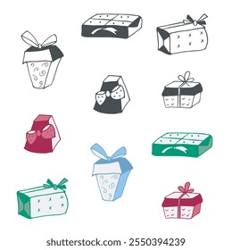 Present box, cute decorative outline and colored set. Hand drawn doodle graphic line, black ink blob paint brush stroke, flat cartoon style design. Vector illustration