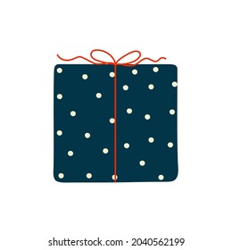 Present box in dark blue color with white dots and red ribbon. Doodle style. Clipart object for birthday, holiday, Christmas, New Year cards, banners, sale concepts. Isolated vector illustration 