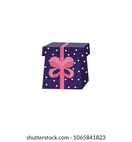 Present box with dark blue dotted wrapping, pink ribbon bow. Birthday party, anniversary celebration, new year christmas, valentine day xmas holiday invatation greeting card design vector illustration