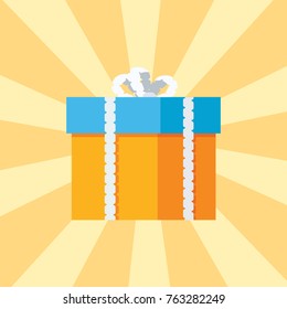 Present in box decorated by color paper vector illustration isolated on background with rays. Gift packages wrapped in blue paper with white bow