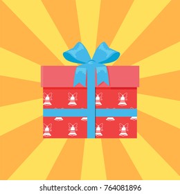 Present in box decorated by color paper vector illustration isolated on background with rays. Gift packages wrapped in red paper with blue bow