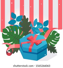 Present box decorated with leaves, vector illustration. Gift for birthday, christmas, anniversary or valentines day. Romantic surprise present in box with ribbon, isometric perspective composition