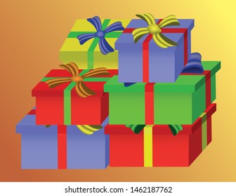 Present box with different colours with bow and ribbon