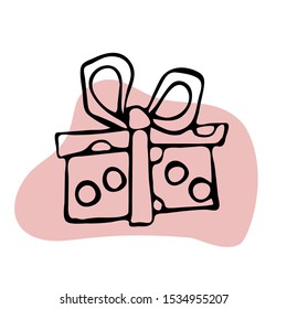 Present box in doodle style. Vector illustration - wrapped surprise pack with ribbon and bow. A Christmas gift. 
Trendy abstract gift for logo or congratulations.