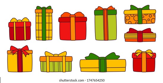 Presentar el juego de líneas de color plano de la caja. Caricatura Fiesta de cumpleaños caja diferentes formas con arcos de cinta. Días de fiesta linea adorables regalos tradicionales. colección de diseño de Navidad o Año Nuevo. Ilustración del vector