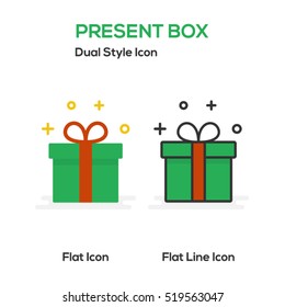 Present Box Flat Icon And Flat Line Icon.
