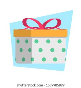 Present box in flat style. Illustration with gift box for icon with red ribbon and green polka dot on white background for motion design, UI, computer game, animation and clothing design. View 3/4.